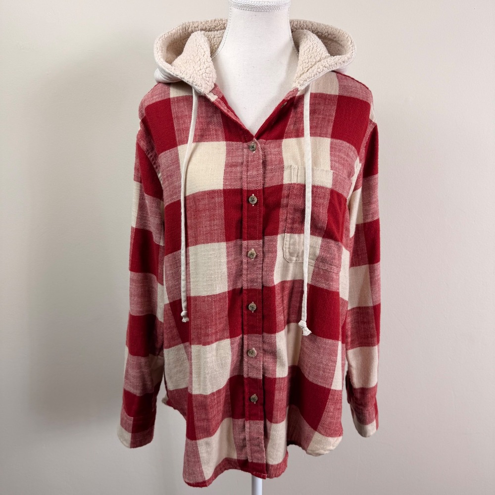 American Eagle Red Buffalo Plaid Hooded Flannel Shirt Sherpa Lined Small NEW